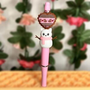 Snowman Cat & Coquette Bear Sweater Print Heart Cute Winter Handmade Beaded Pen